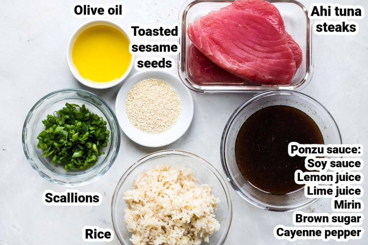 Labeled ingredients for ahi tuna with ponzu sauce.