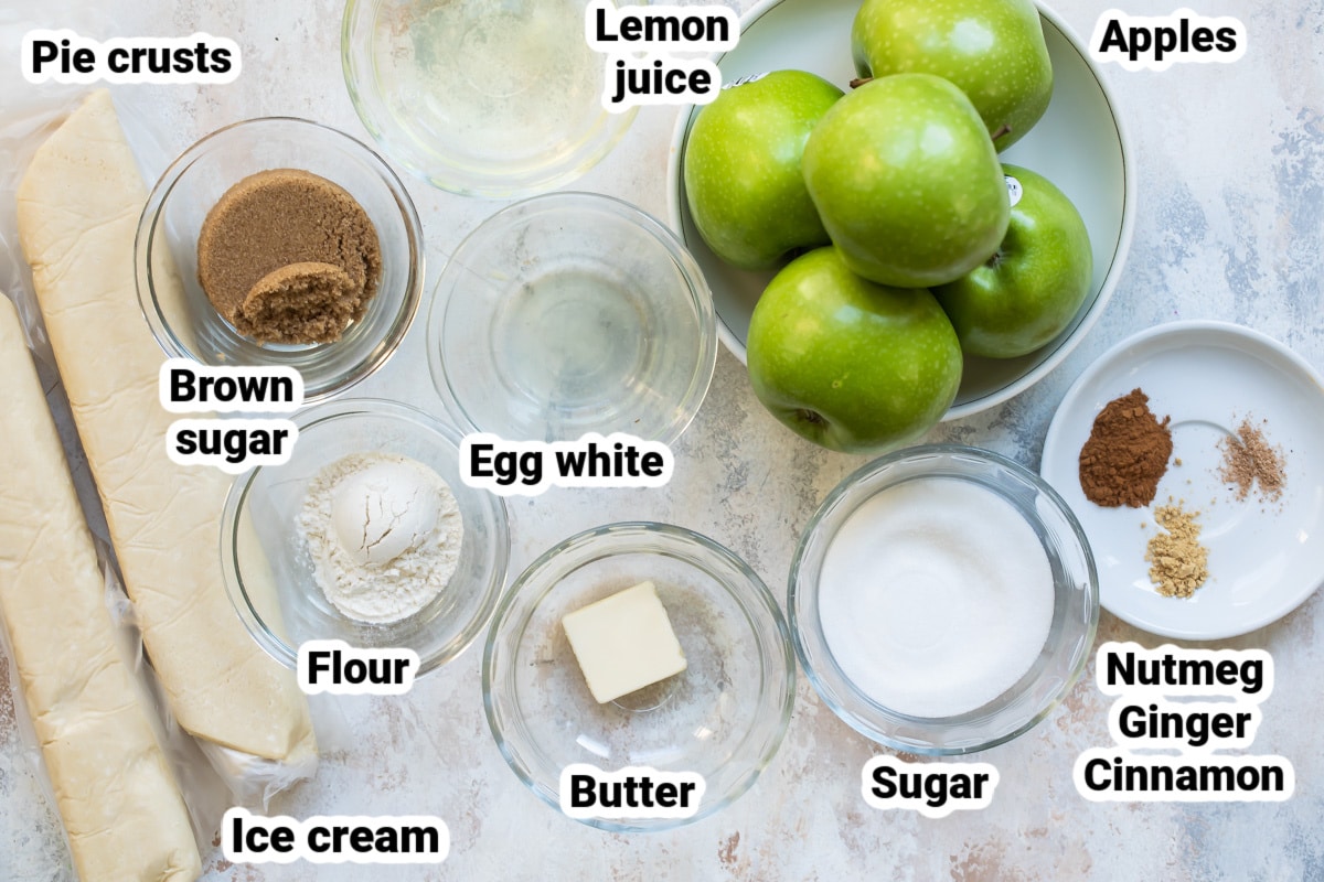 Labeled ingredients for Apple pie a la Mode.