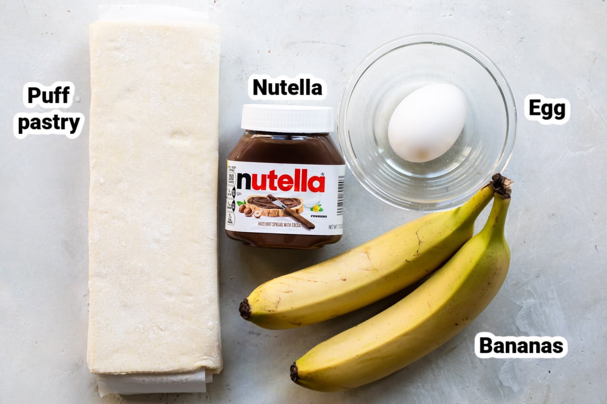 Labeled ingredients for banana Nutella croissants.