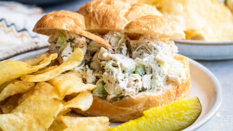 Chicken salad on a croissant next to chips and a pickle spear.