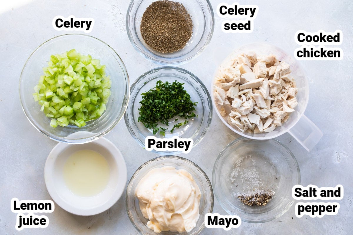 Labeled ingredients for chicken salad.