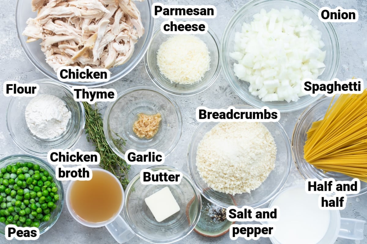 Labeled ingredients for chicken tetrazzini.