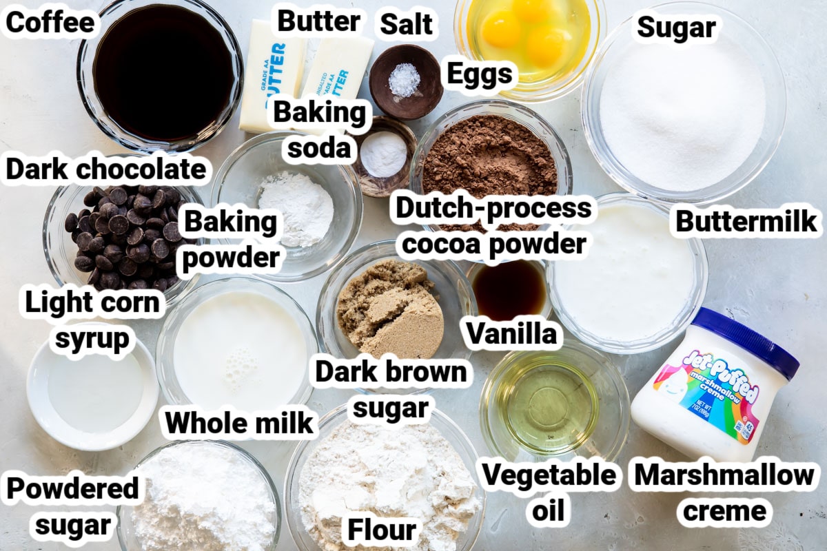 Labeled ingredients for ding dong cake.