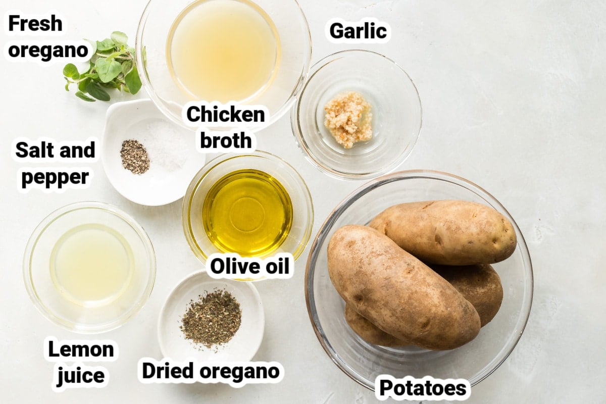 Labeled ingredients for Greek roasted potatoes.