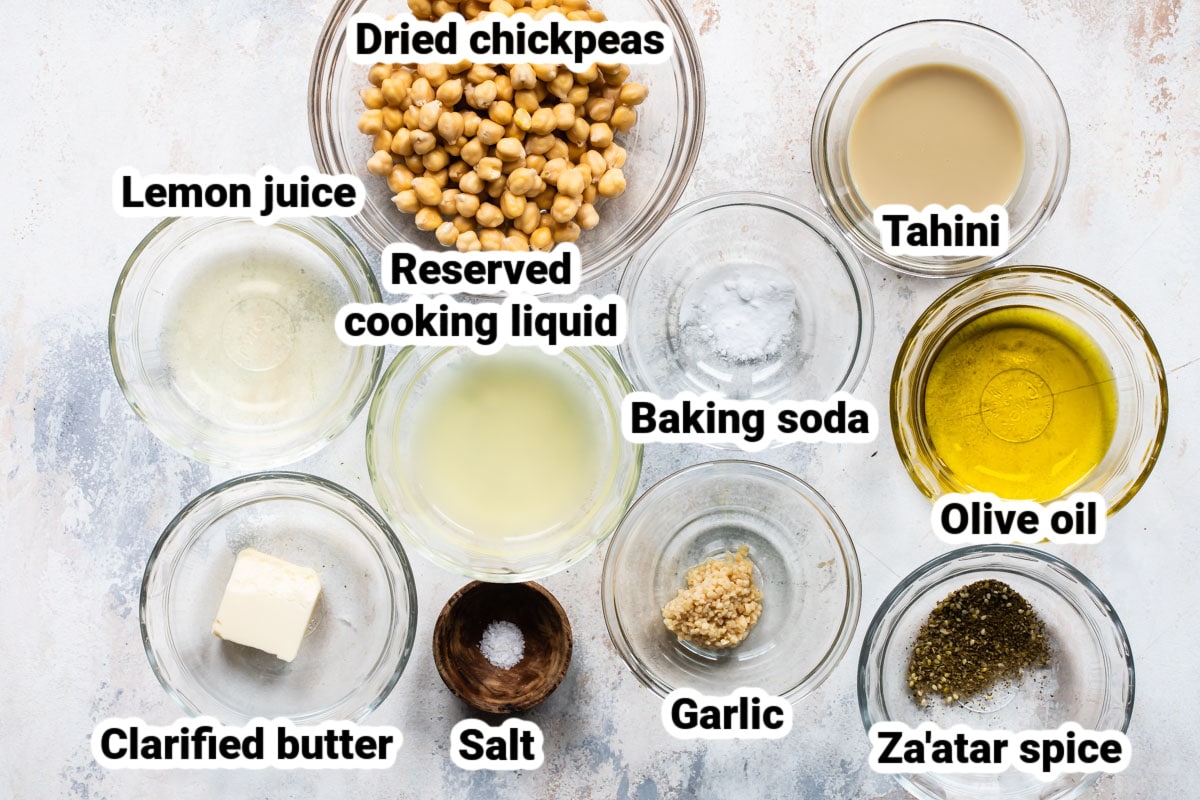 Labeled ingredients for homemade Hummus with Zaatar Butter.
