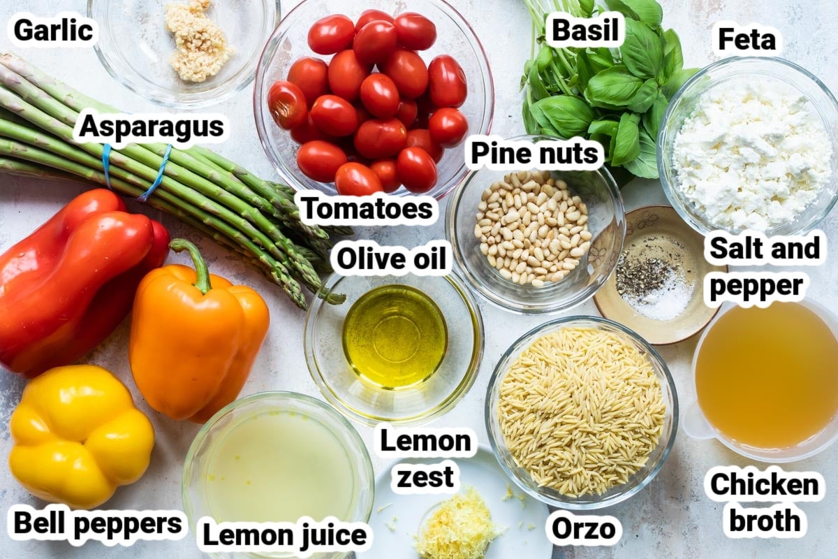 Labeled ingredients for Mediterranean Orzo Salad.