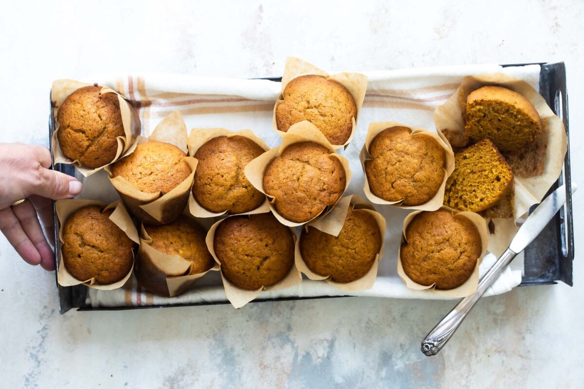 Pumpkin muffins on a serving tray.
