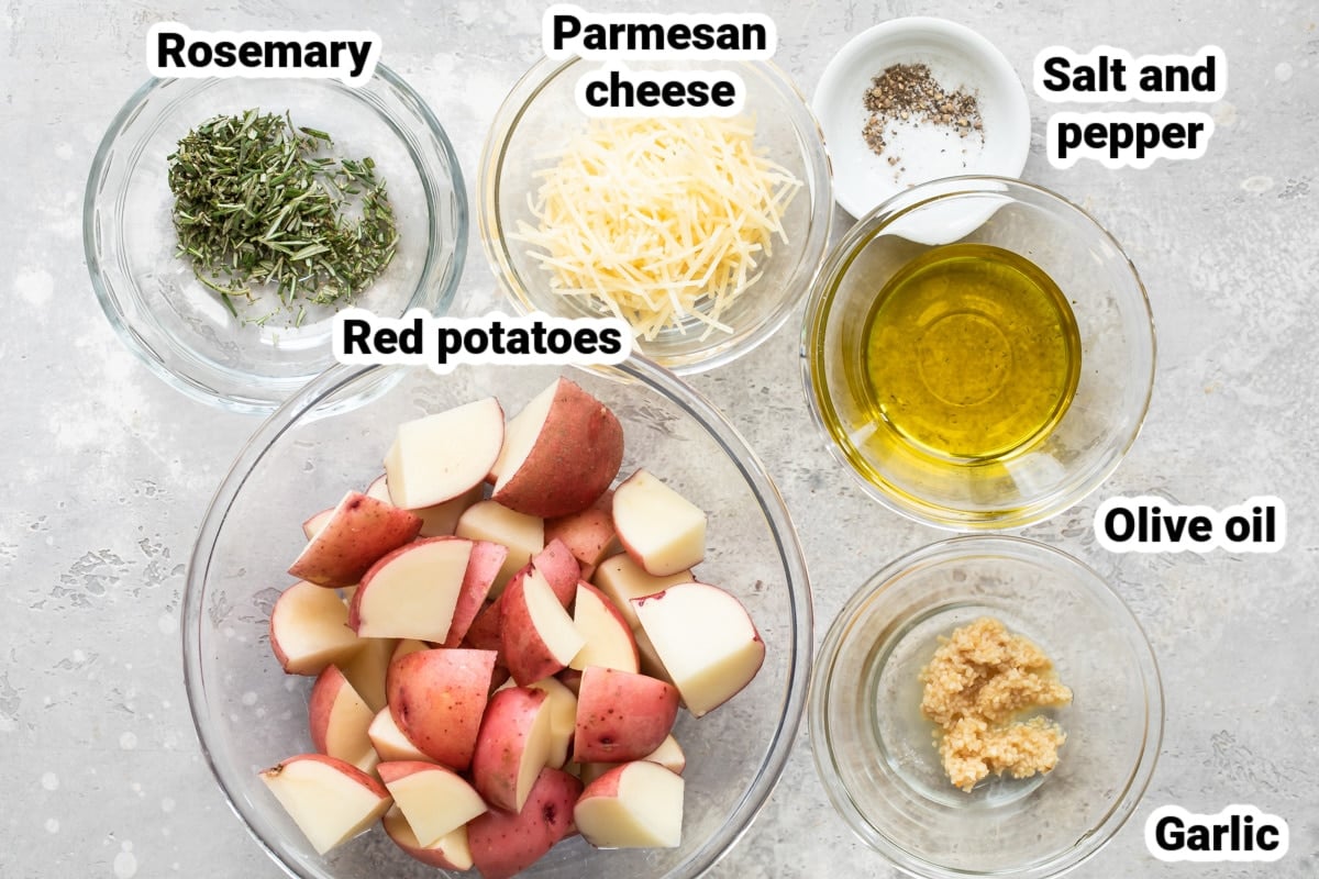 Labeled ingredients for rosemary roasted potatoes.