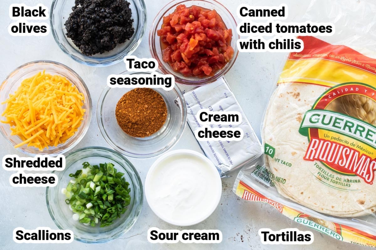 Labeled ingredients for taco tortilla roll ups.