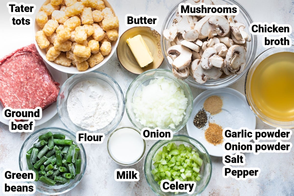 Labeled ingredients for tater tot casserole.