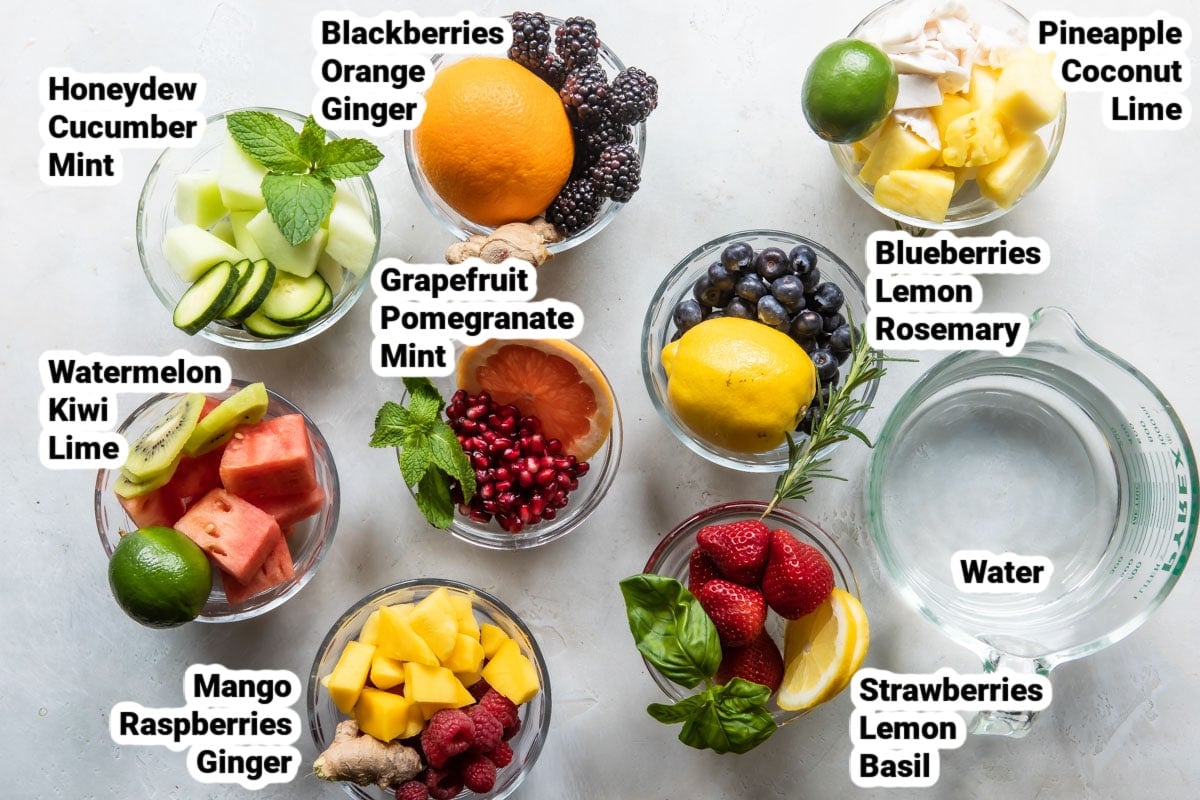 Labeled ingredients for 8 infused water recipes.