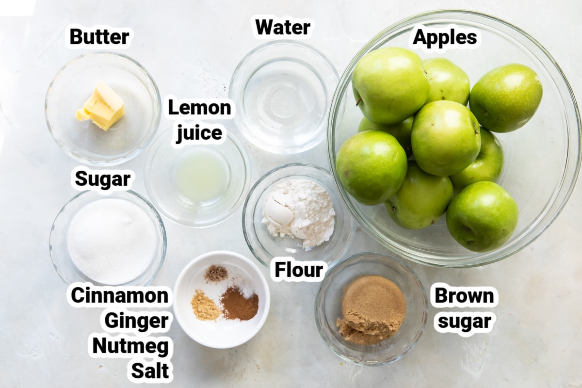 Labeled ingredients for apple pie filling.