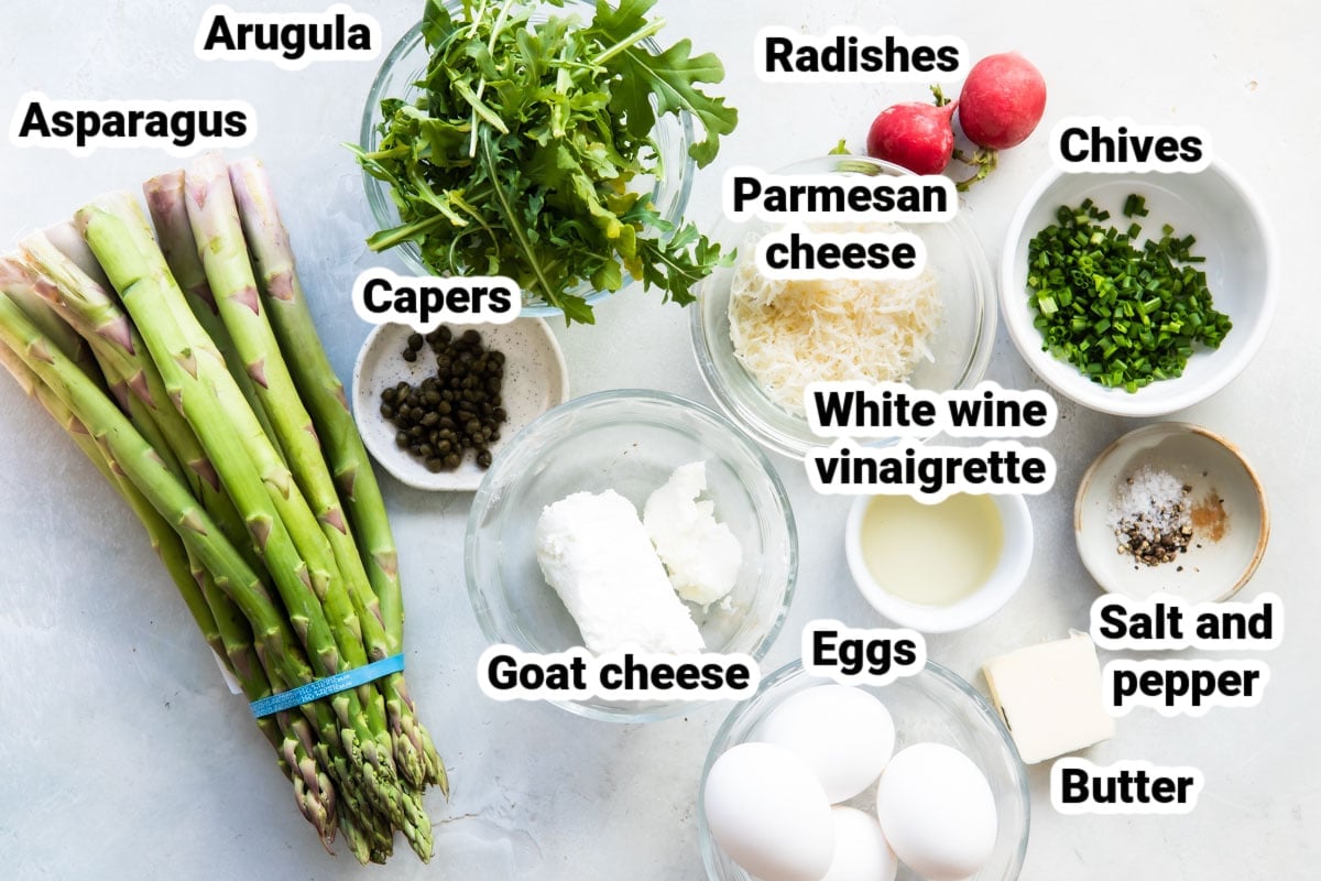 Labeled ingredients for asparagus frittata.