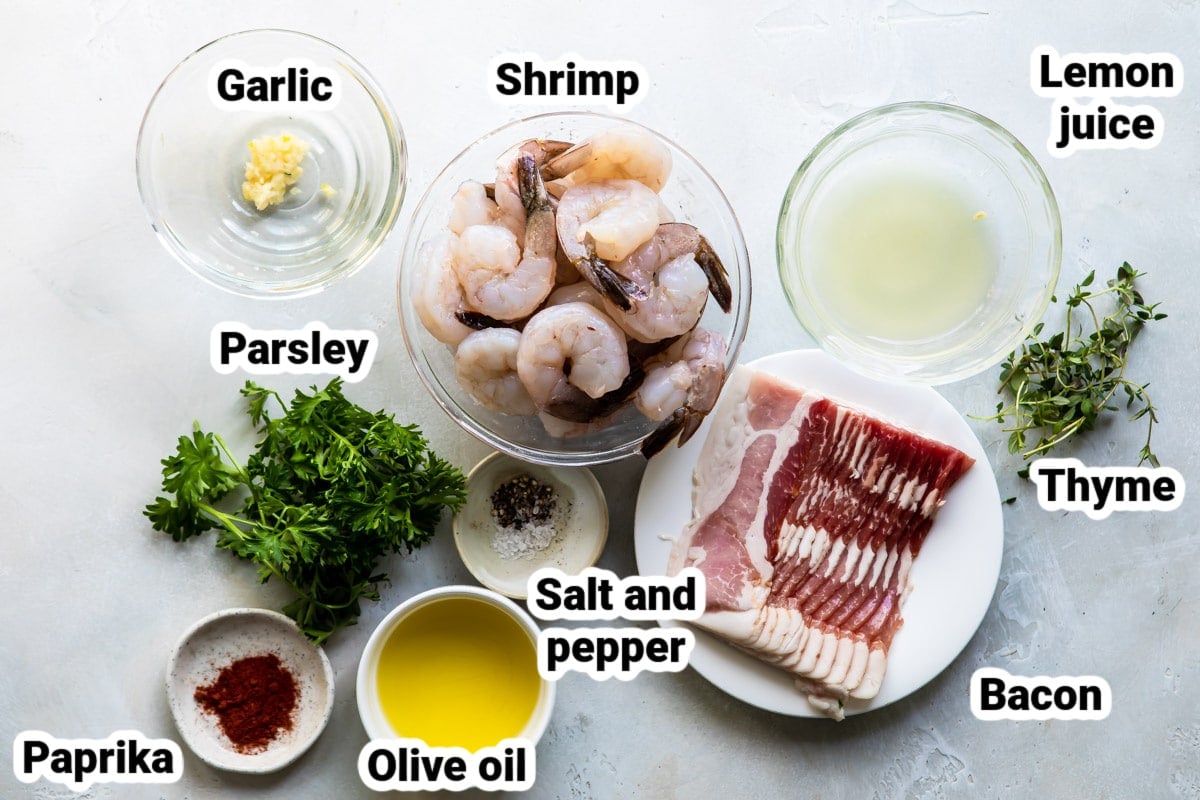 Labeled ingredients for bacon wrapped shrimp.