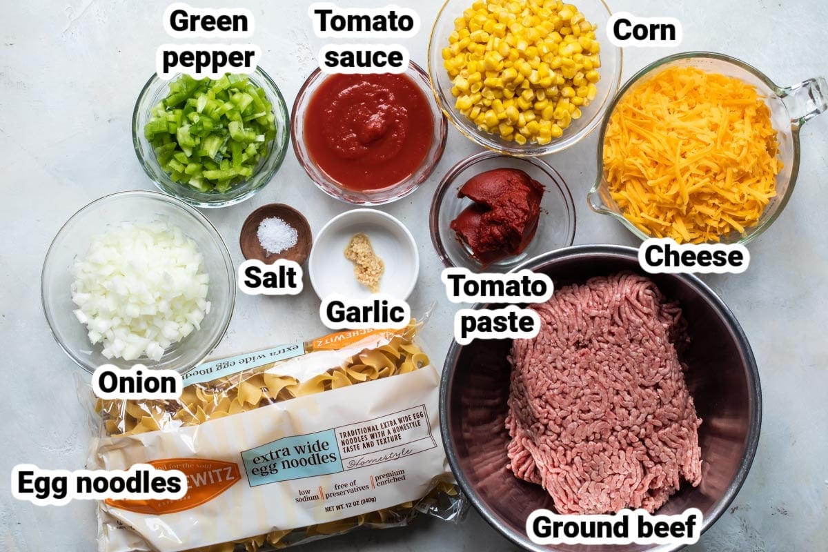 Labeled ingredients for beef noodle casserole.