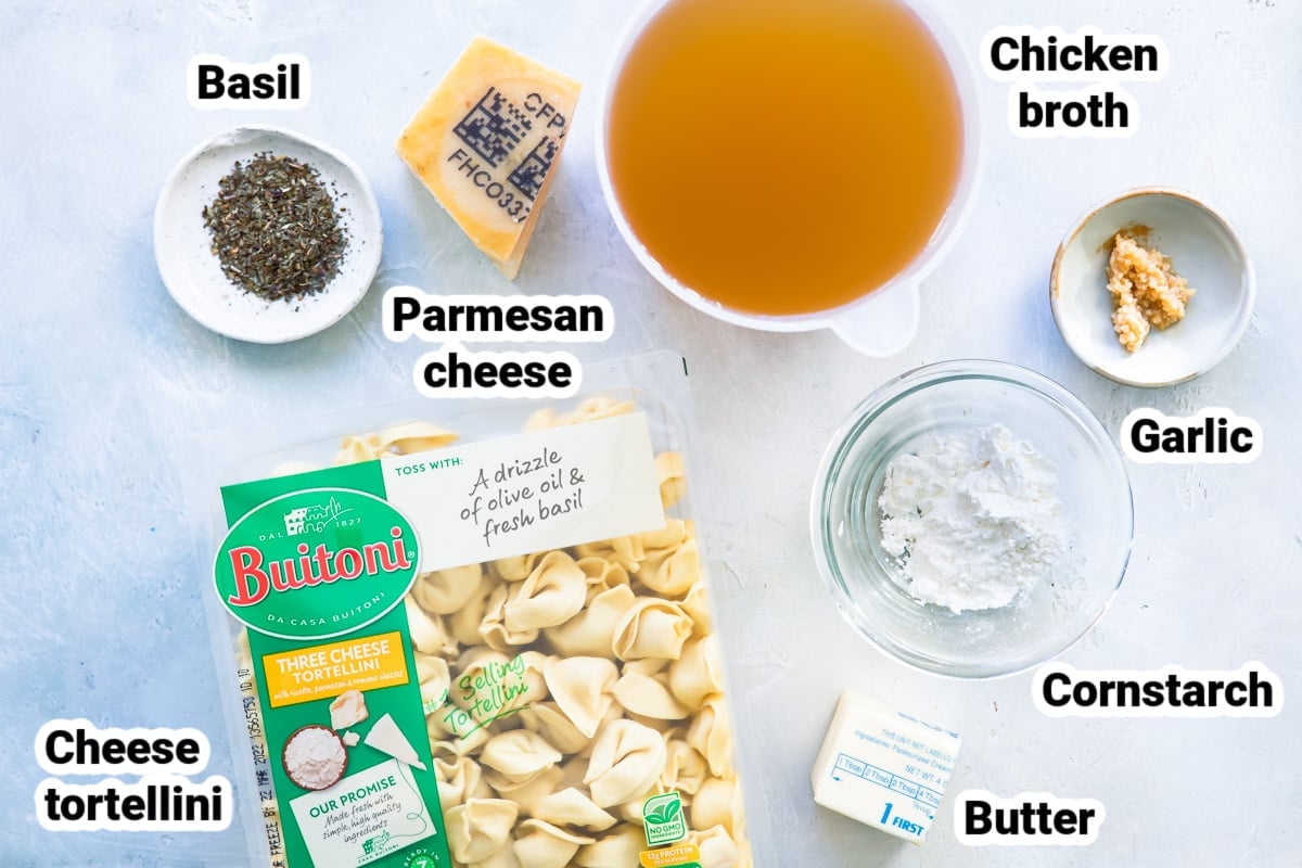 Labeled ingredients for cheese tortellini in garlic butter sauce.
