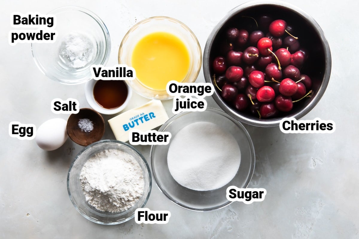 Ingredients labeled for cherry cobbler.
