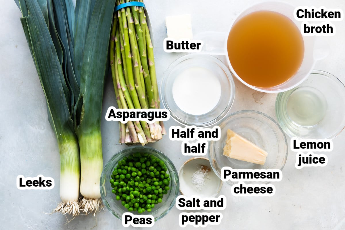 Labeled ingredients for cream of asparagus soup.