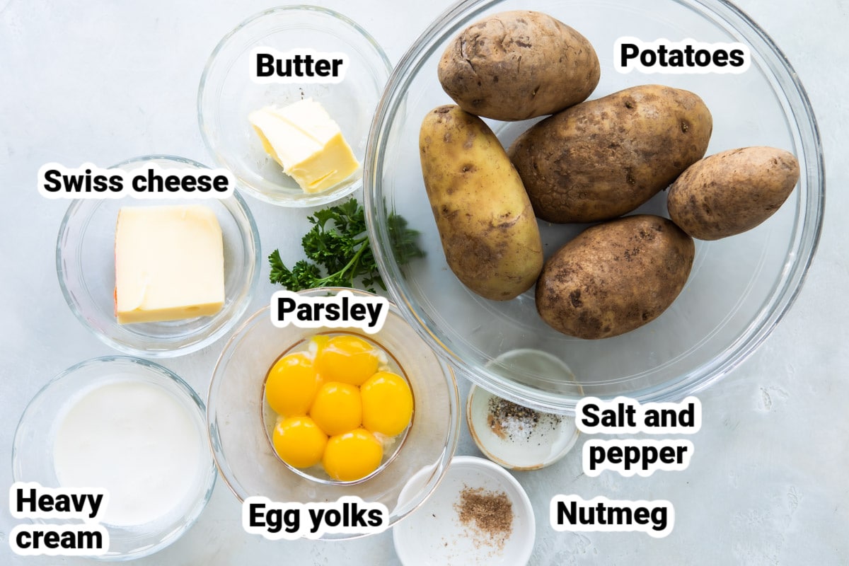 Labeled ingredients for Duchess potatoes.