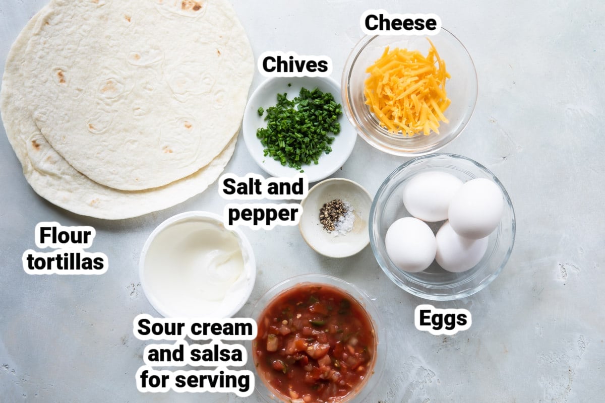 Labeled ingredients for an egg burrito.