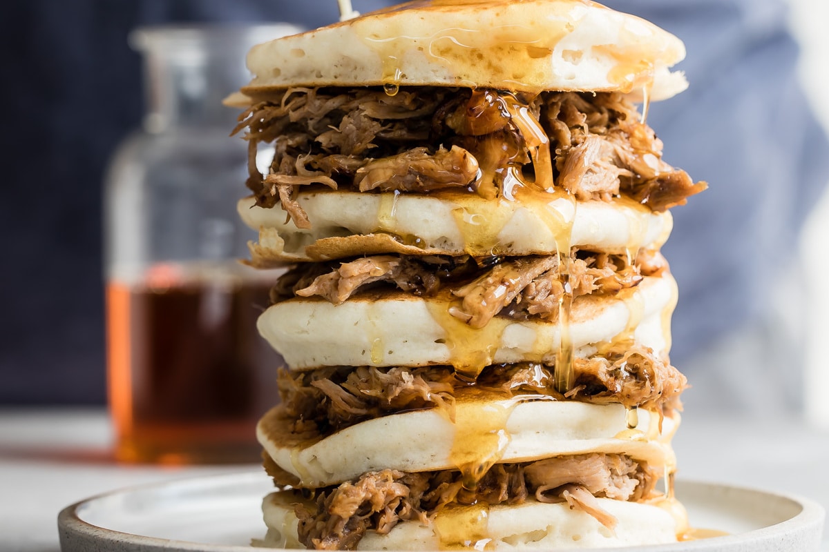 Pulled Pork Pancakes with Whiskey Maple Syrup.