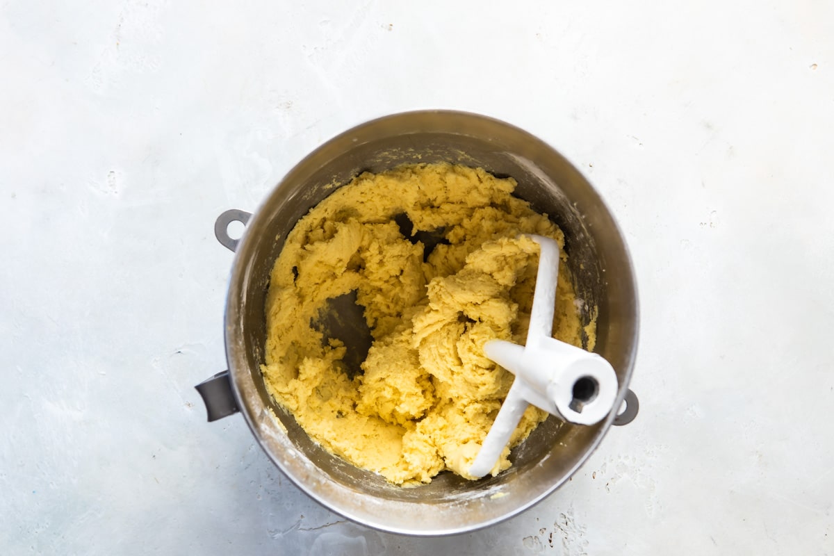 A mixing bowl of lemon cookie dough.