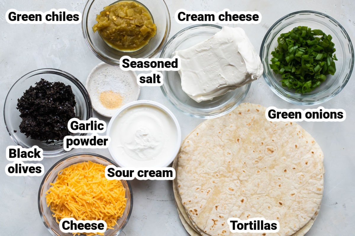 Labeled ingredients for Mexican Tortilla Roll Ups.