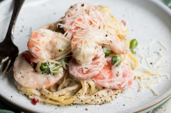 A plate of Shrimp Pasta Primavera.