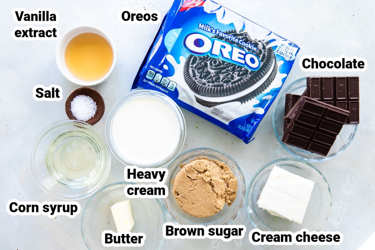Labeled ingredients for Oreo cookie balls.