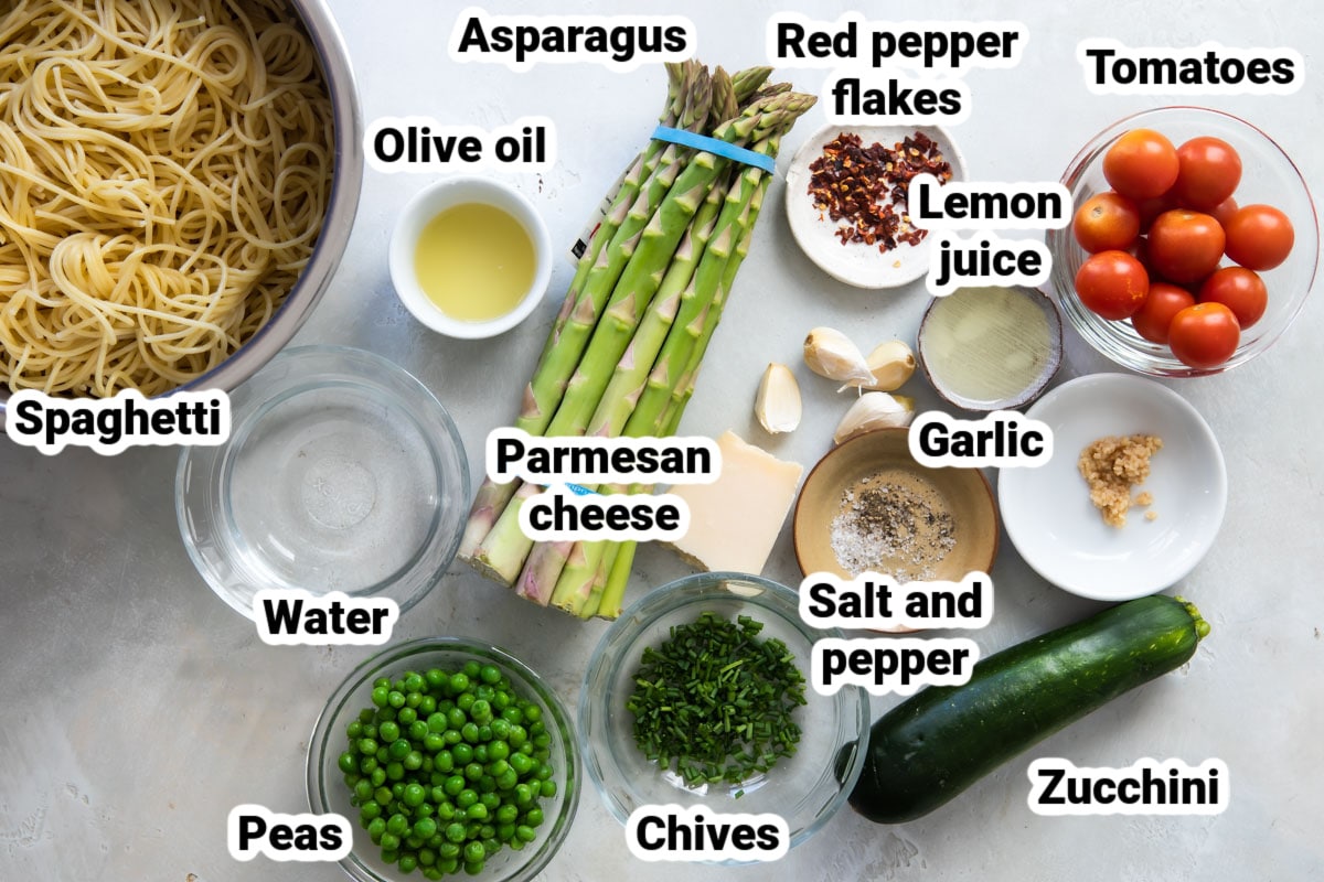 Labeled ingredients for pasta primavera.