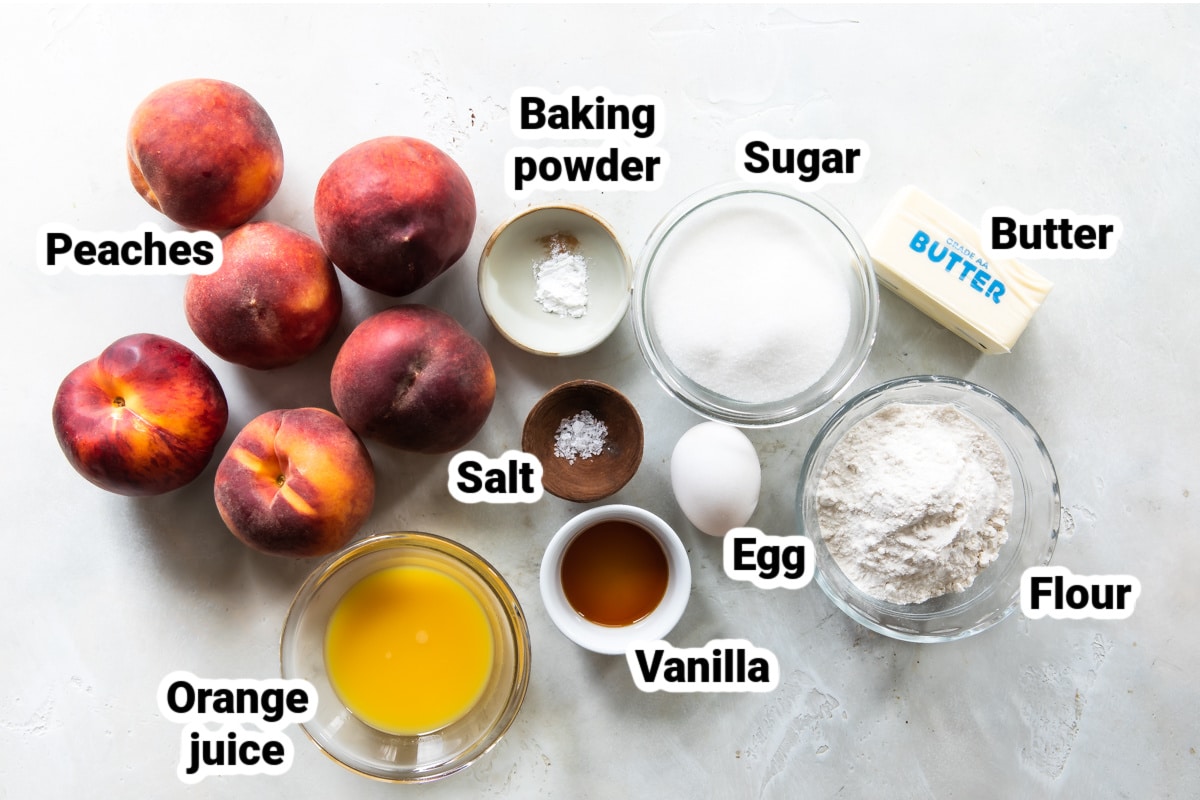 Ingredients labeled for peach cobbler.