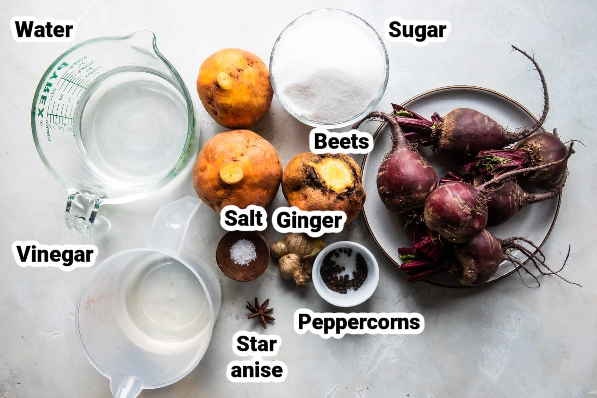 Labeled ingredients for pickled beets.