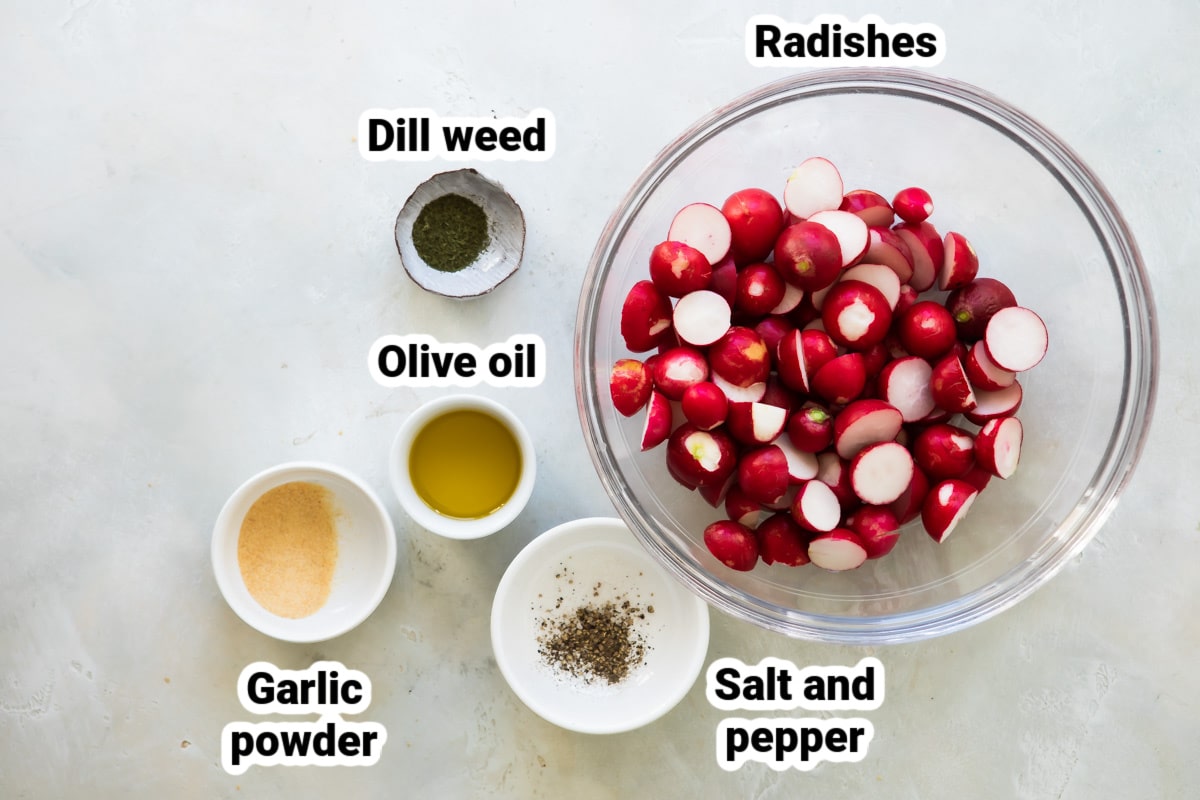 Labeled ingredients for roasted radishes.