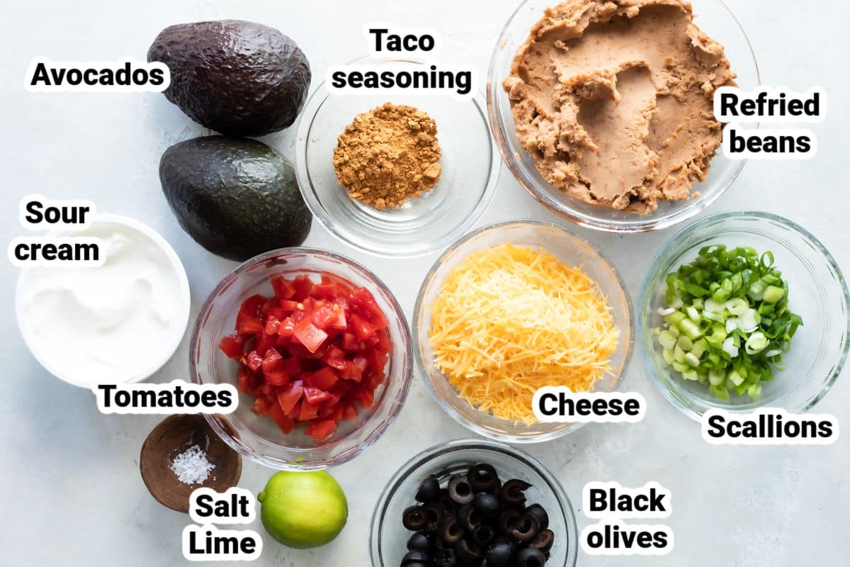 Seven Layer Dip ingredients labeled.