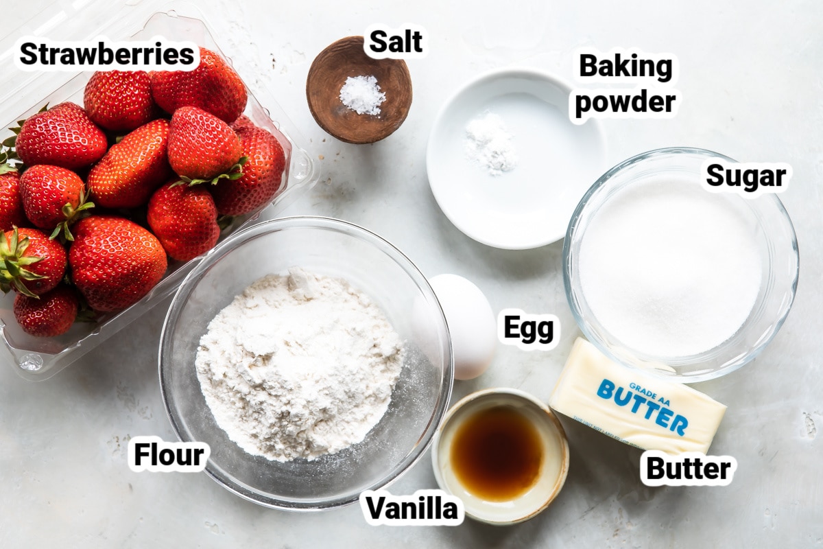 Ingredients labeled for strawberry cobbler.
