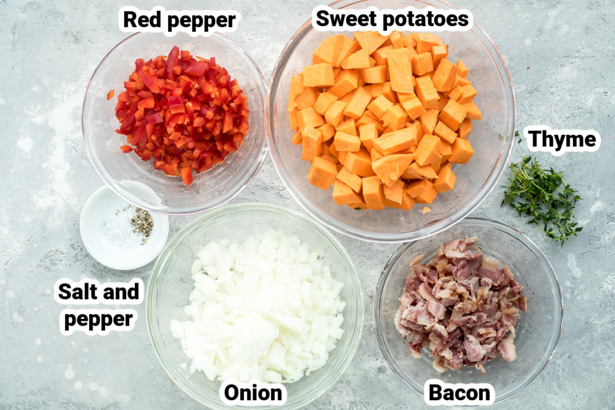 Labeled ingredients for sweet potato hash.