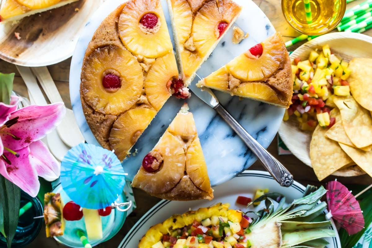 Pineapple upside down cake on a platter.