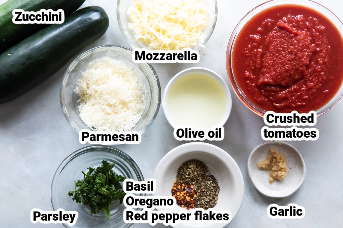 Labeled ingredients for zucchini parmesan.