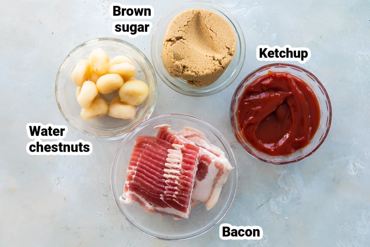 Labeled ingredients for bacon wrapped water chestnuts.