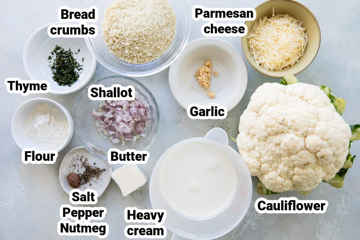 Labeled ingredients for cauliflower gratin.