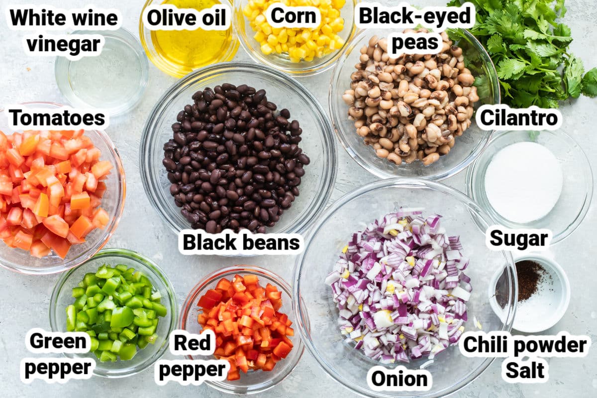 Labeled ingredients for cowboy caviar.