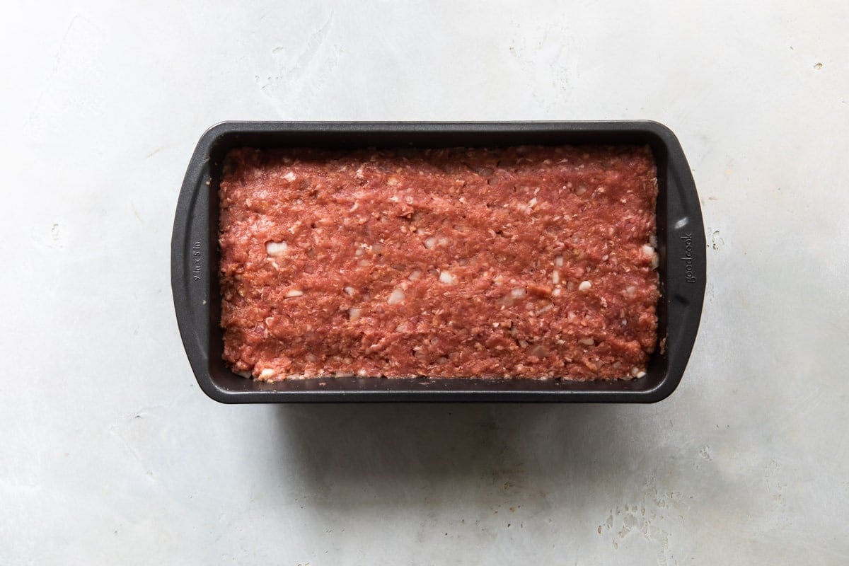 Meatloaf mixture in a baking pan.