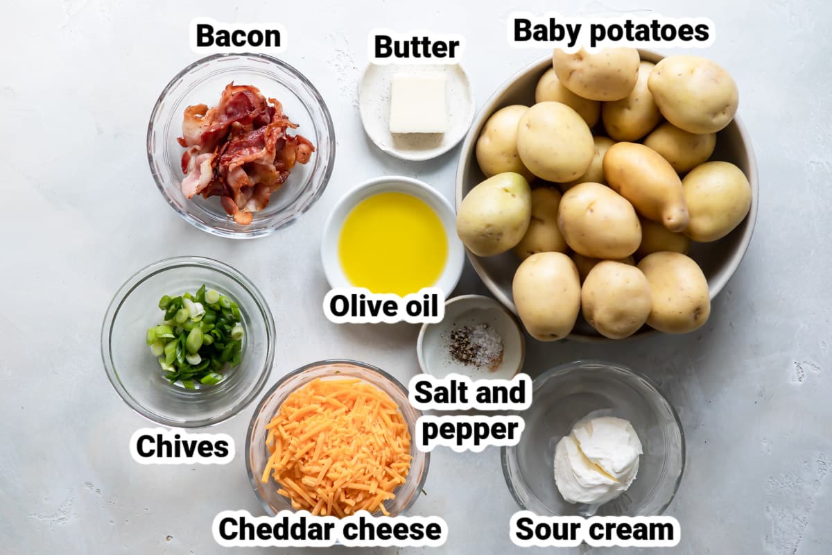 Labeled ingredients for mini twice baked potato skins.