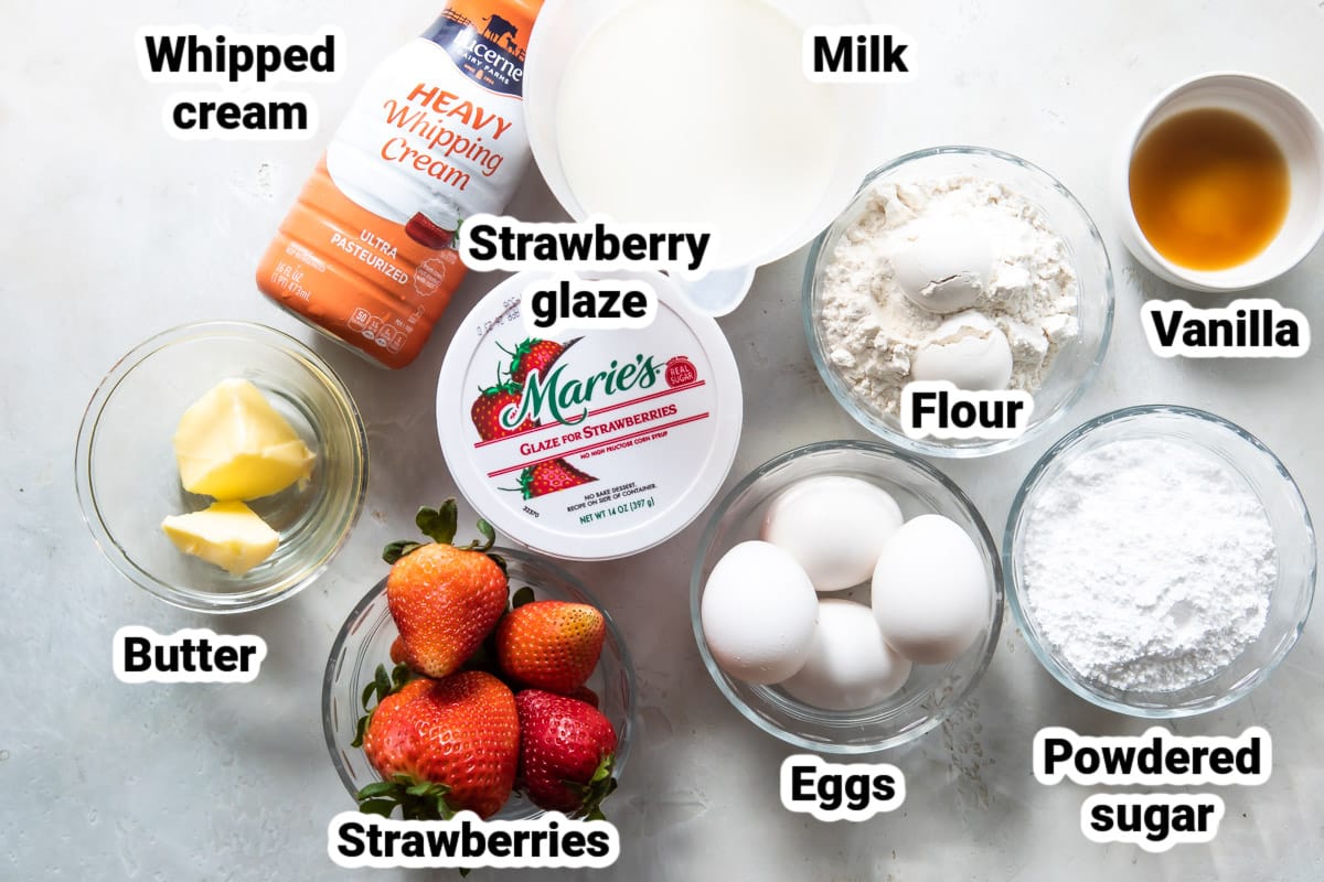 Labeled ingredients for strawberry crepes.