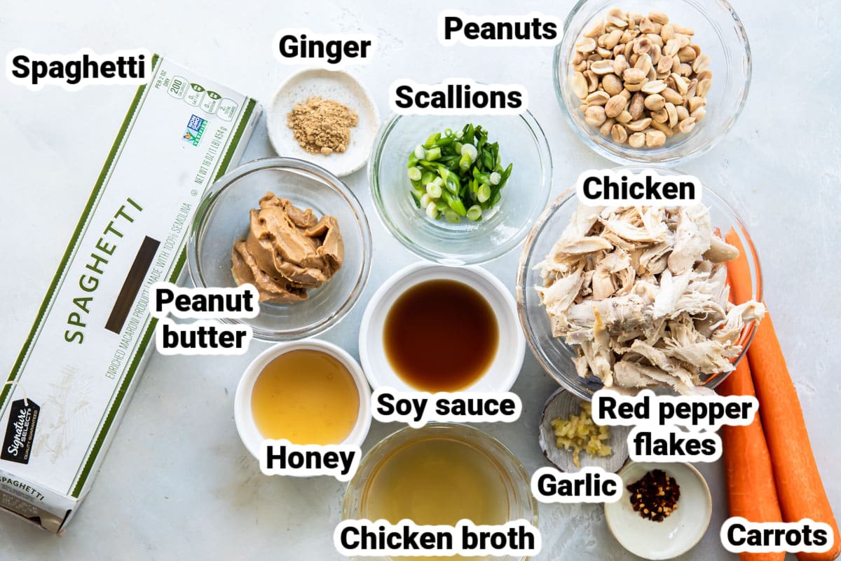 Labeled ingredients for Thai peanut chicken and noodles.