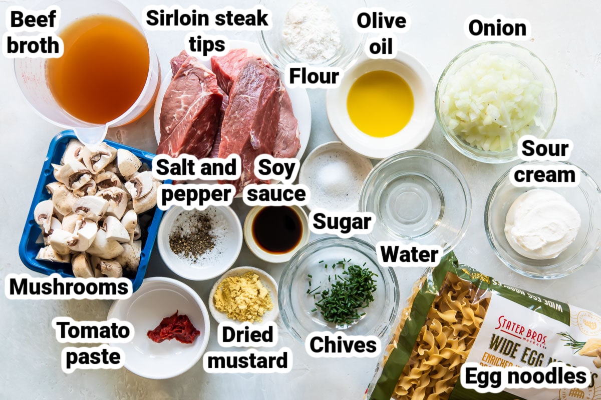 Labeled ingredients for beef stroganoff.