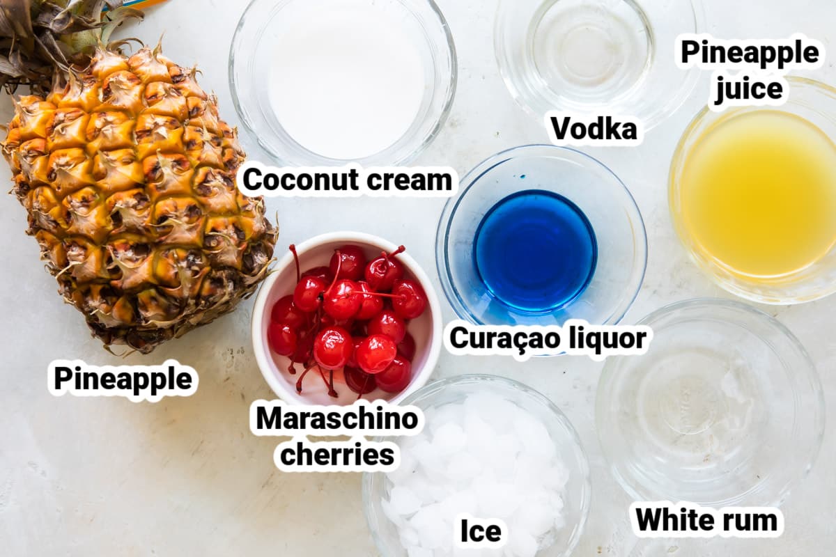Labeled ingredients for blue Hawaiian.