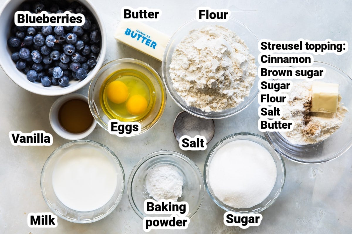 Labeled ingredients for blueberry muffins.
