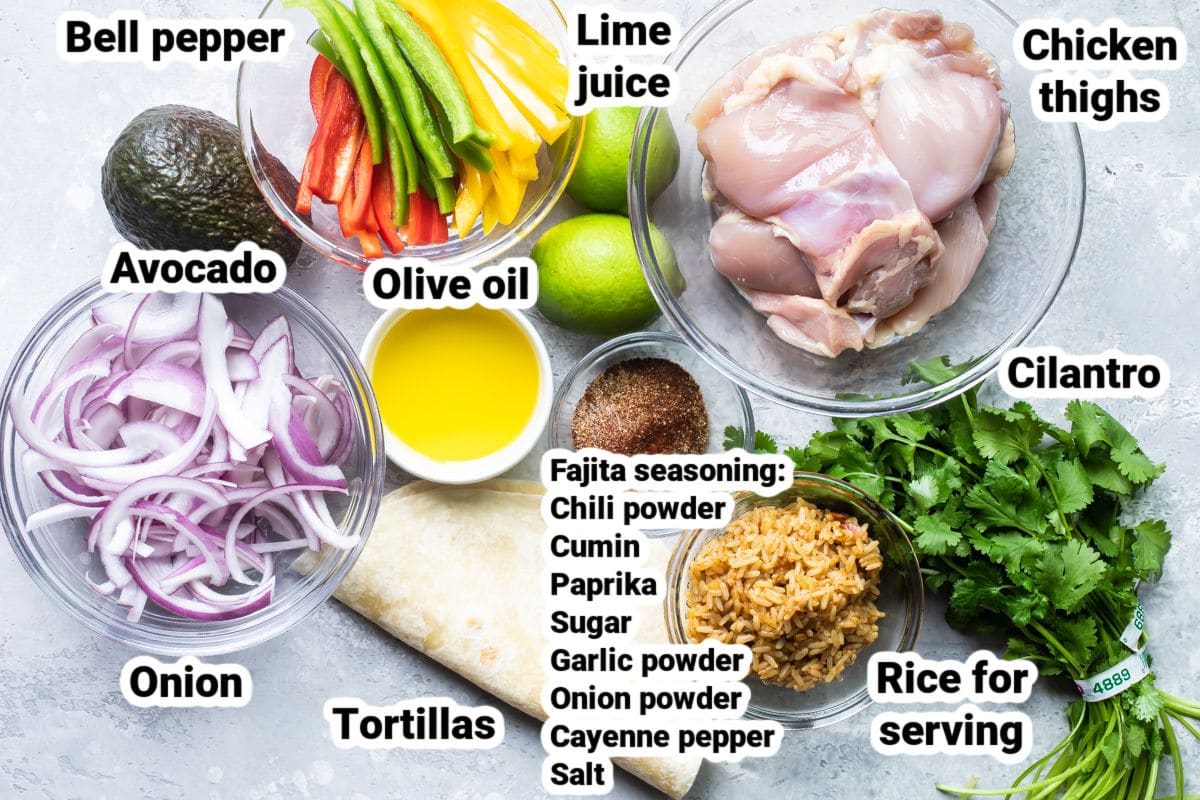 Labeled ingredients for chicken fajitas.