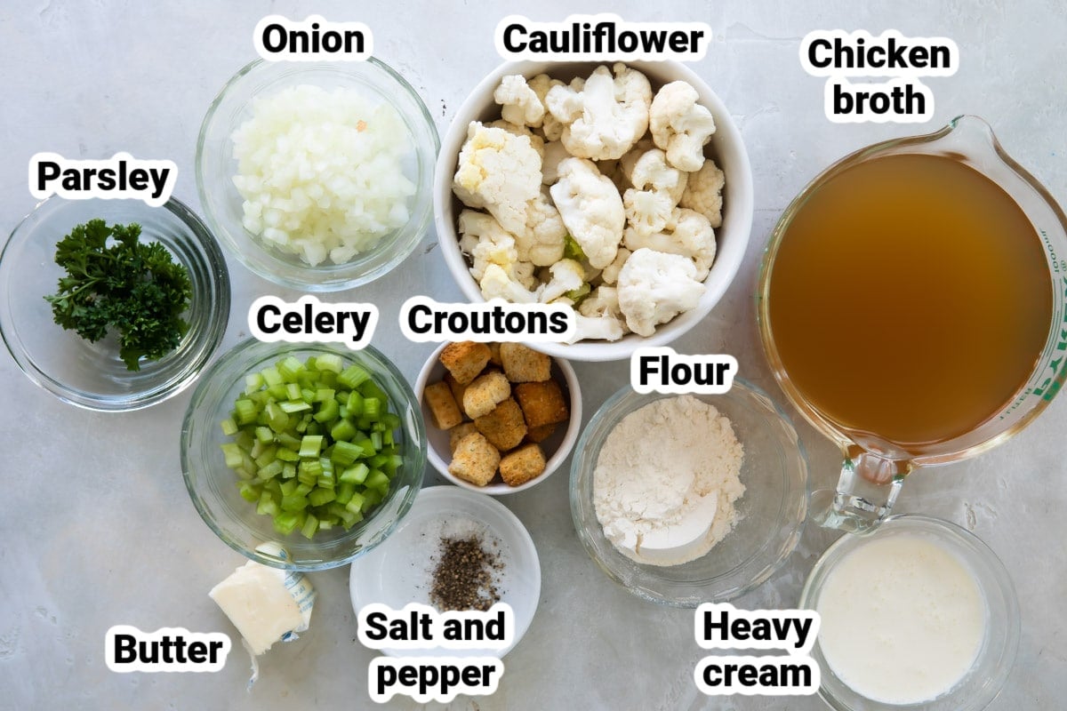 Labeled ingredients for cream of cauliflower soup.